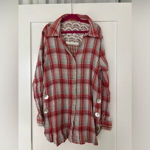 Soft Surroundings Lani Shores Coral Plaid Gauze Cotton Lace Button Top Large